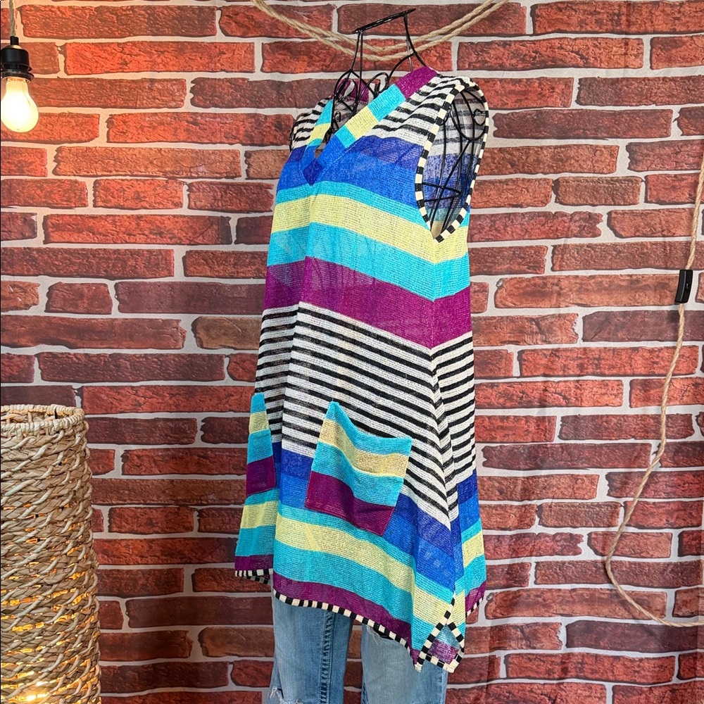 👚 Kaktus Colorblock Stripe Sleeveless Tunic V-Neck Mesh Knit Layer Top S / I